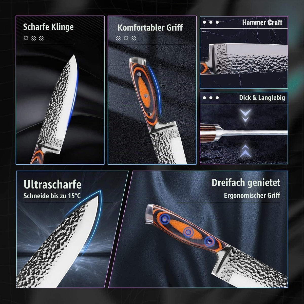 15-teiliges Küchenmesser-Set mit Block, Edelstahl & Holzgriff