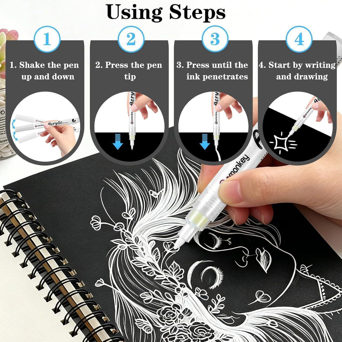 Weiße Acrylmarker Set | 8er Pack | Pinsel & Fineliner
