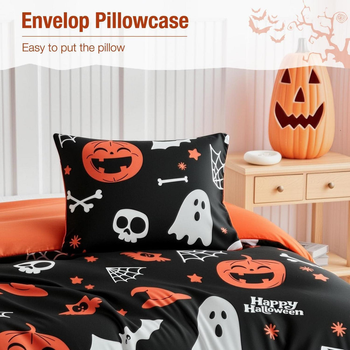 Halloween Bettwäsche Set Kürbis & Geister – Einzelbett 135x200 cm