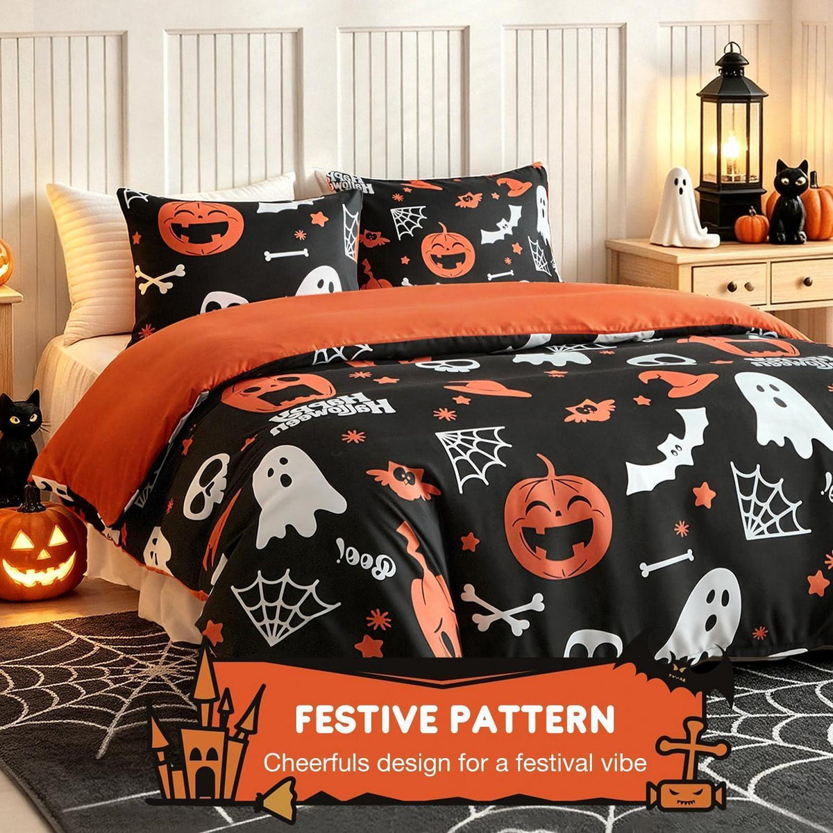 Halloween Bettwäsche Set Kürbis & Geister – Einzelbett 135x200 cm