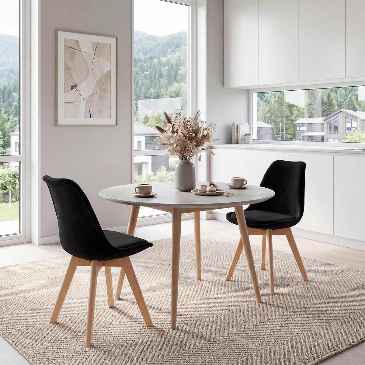 2 Samt Esszimmerstühle Schwarz, Massivholzbeine