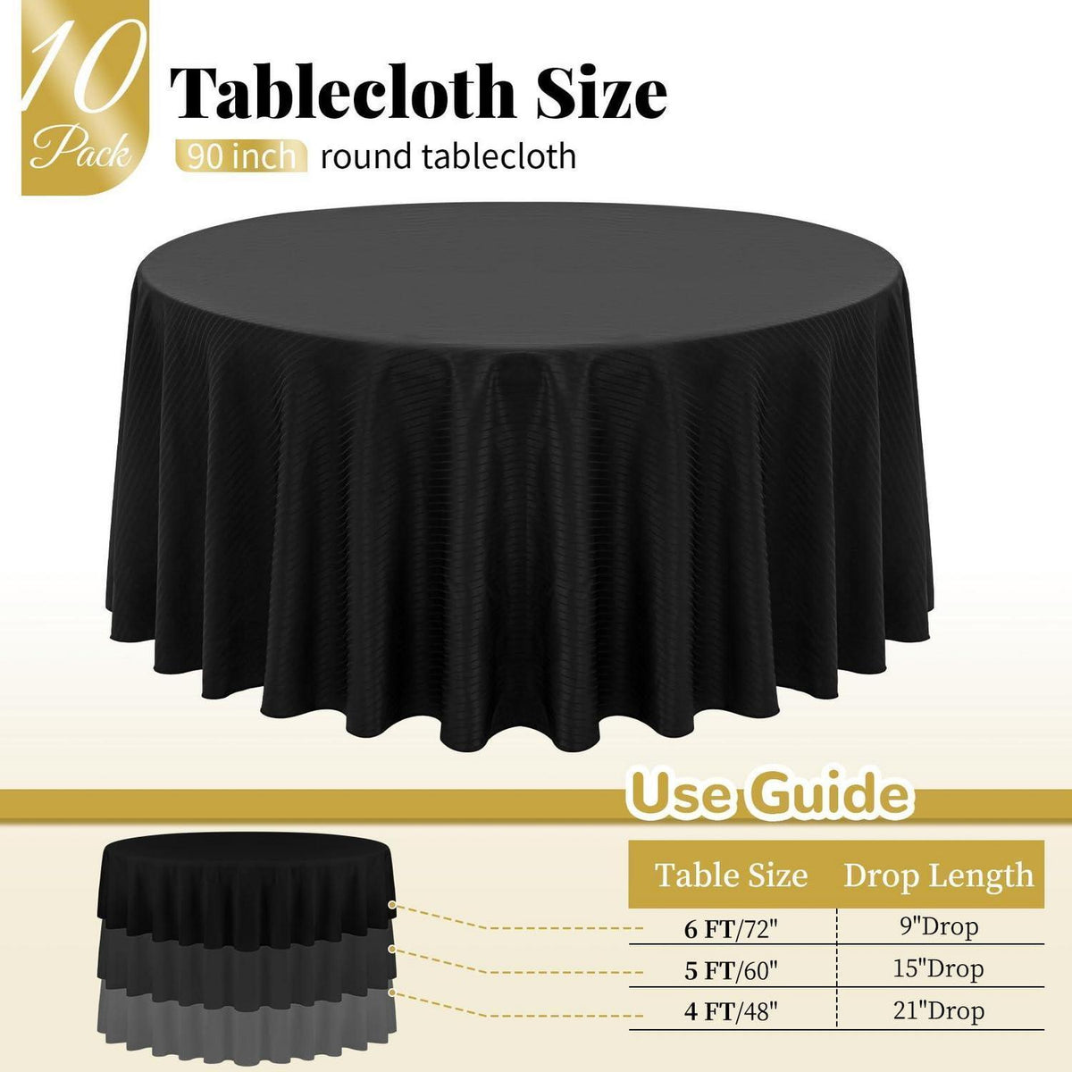 10x Runde Tischdecke Schwarz Streifen, 228cm – Waschbar & Wiederverwendbar