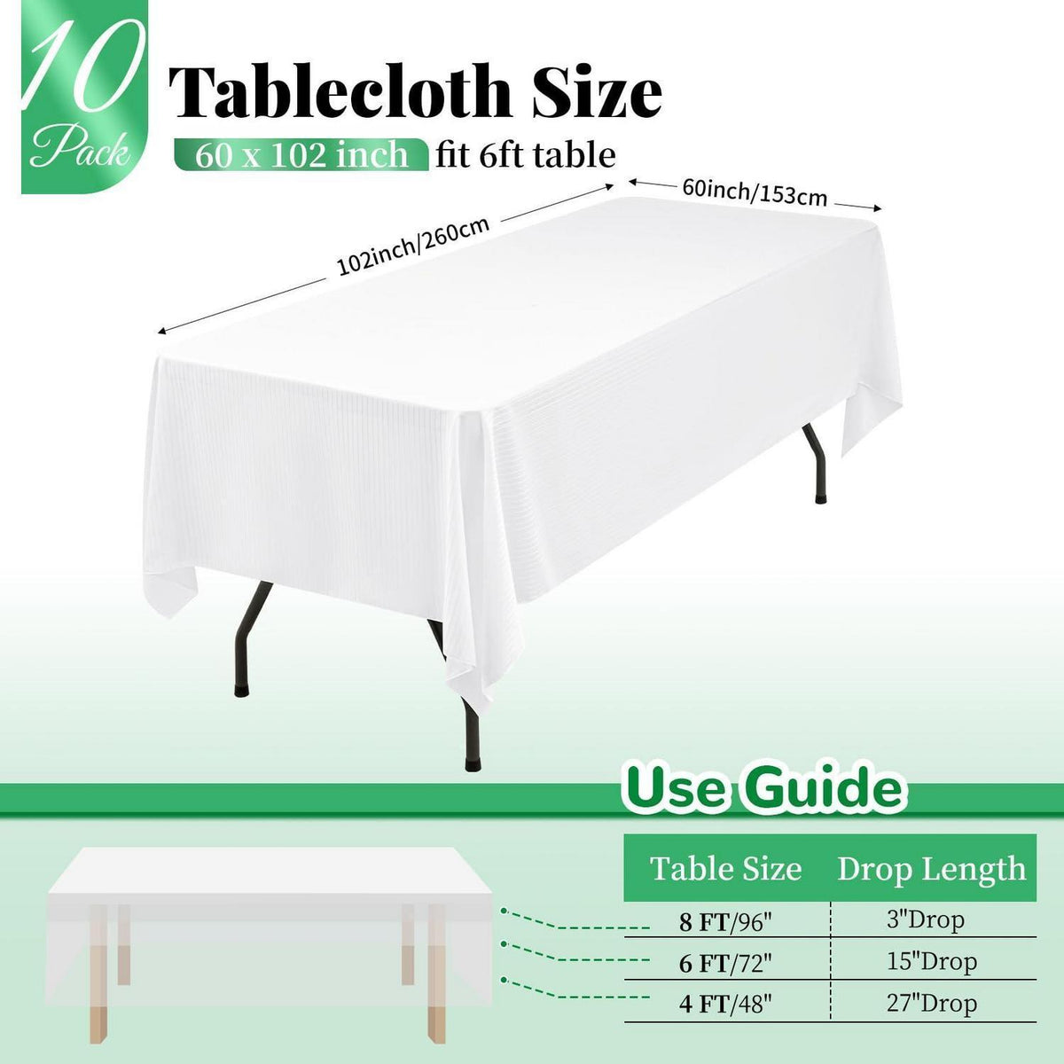 10x Weiße Streifen Tischdecken Rechteckig 153x260 cm – Waschbar & Wiederverwendbar