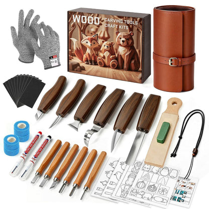 Holzschnitzset Deluxe 40-teilig mit Ledertasche für Anfänger