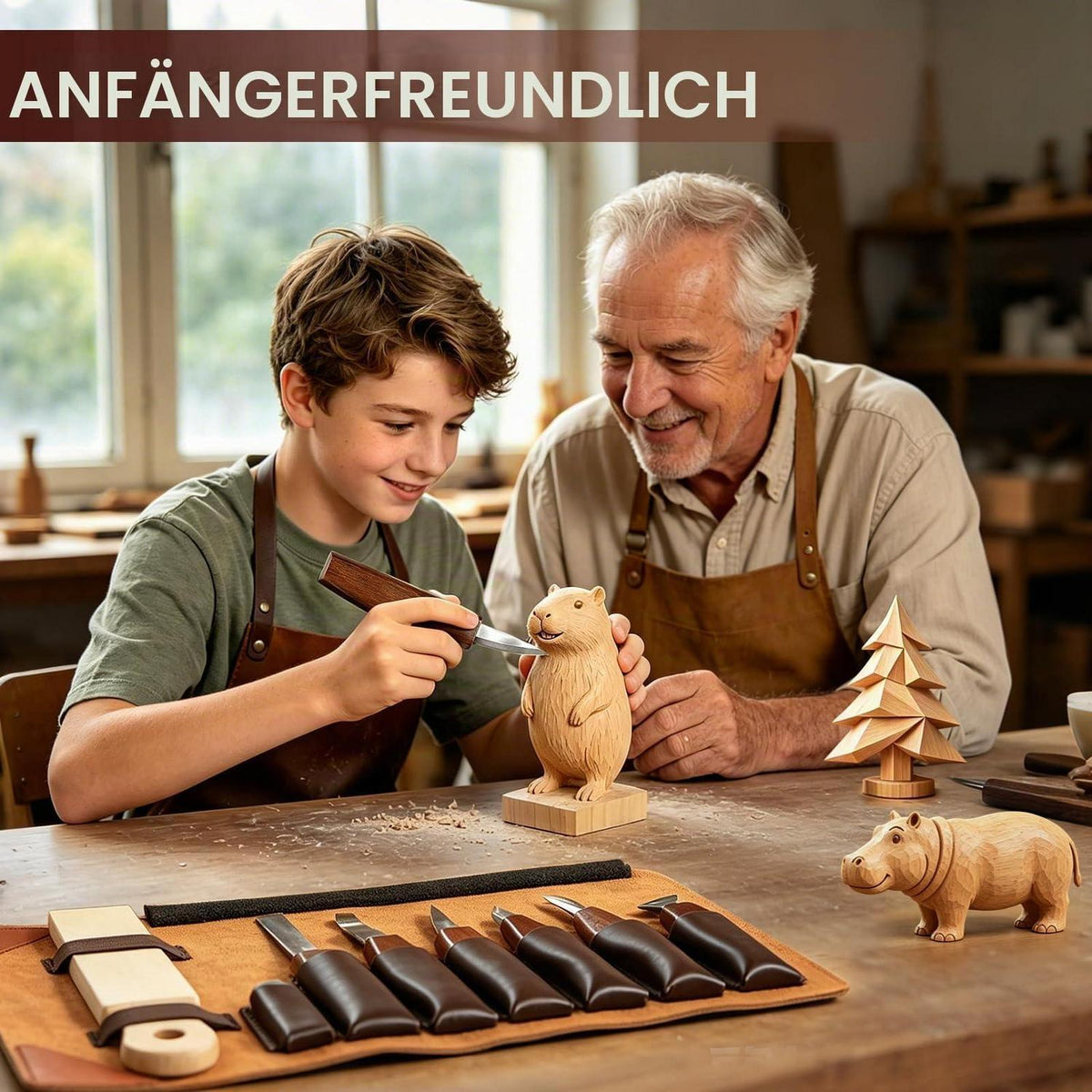 Holzschnitzset Deluxe 40-teilig mit Ledertasche für Anfänger