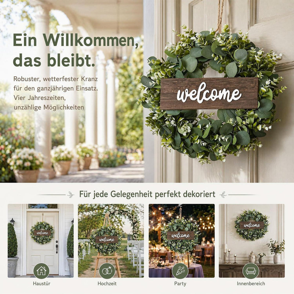 Eukalyptus Kranz mit "Willkommen" Schild | Ø45cm Frühling Deko