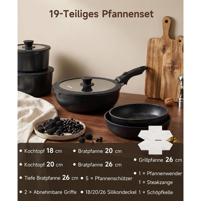 19-teiliges Antihaft-Topfset mit abnehmbaren Griffen