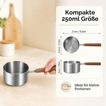 Edelstahl Mini Topf mit Holzgriff & Ausgießer 250ml