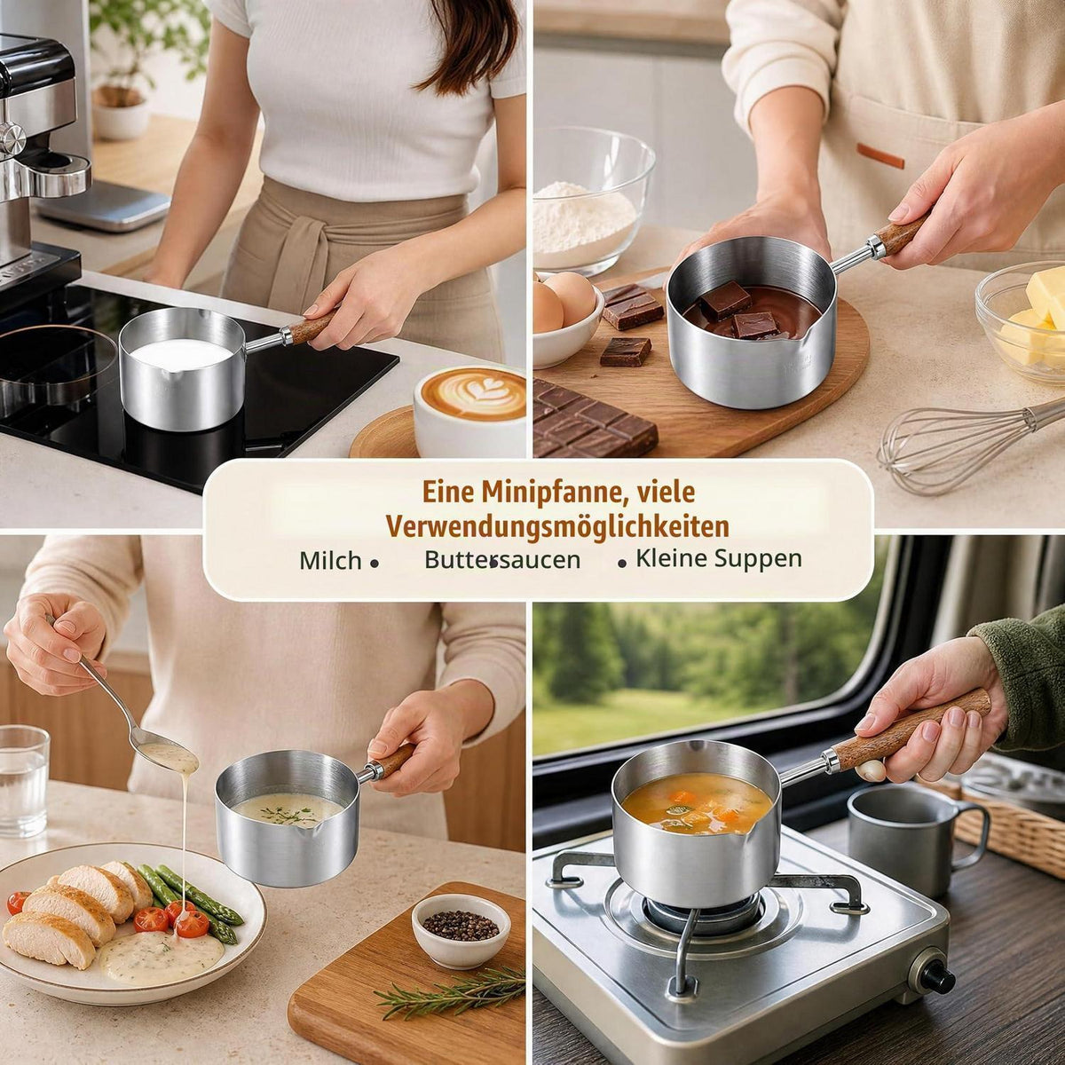 Edelstahl Mini Topf mit Holzgriff & Ausgießer 250ml