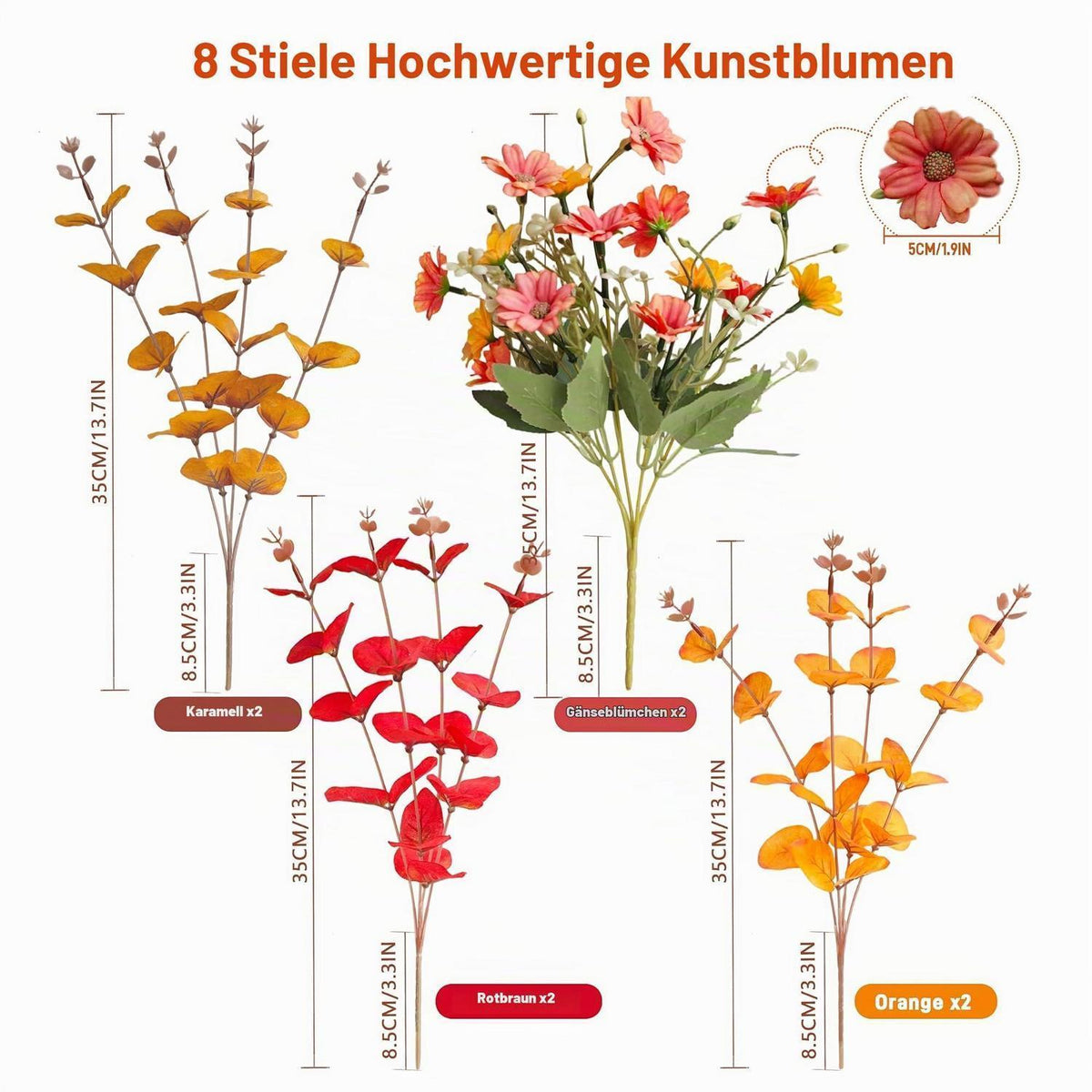 8x Herbst Eukalyptus Zweige & Chrysanthemen Deko