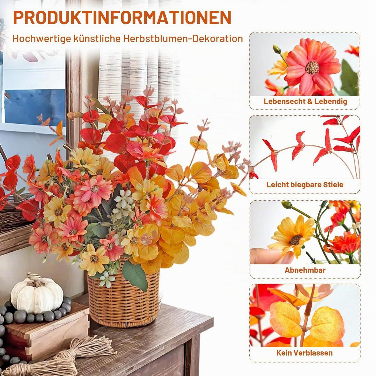 8x Herbst Eukalyptus Zweige & Chrysanthemen Deko