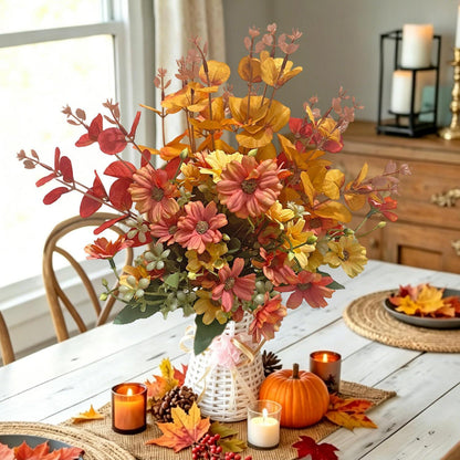 8x Herbst Eukalyptus Zweige & Chrysanthemen Deko