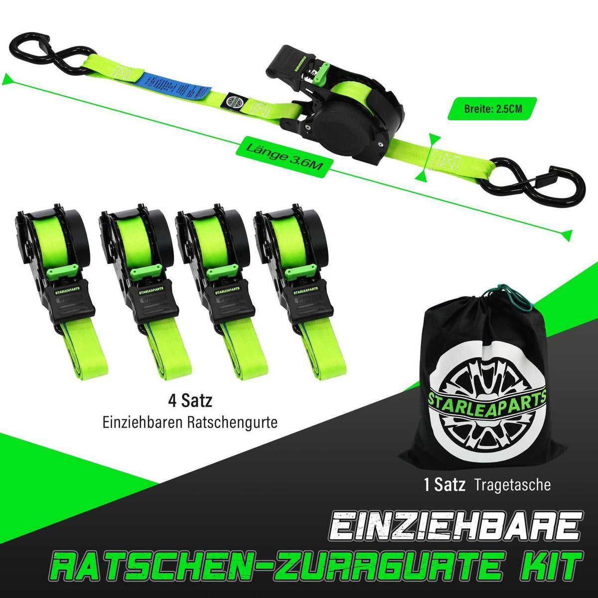 Automatischer Spanngurt 3,6m – Set 4er-Pack mit S-Haken