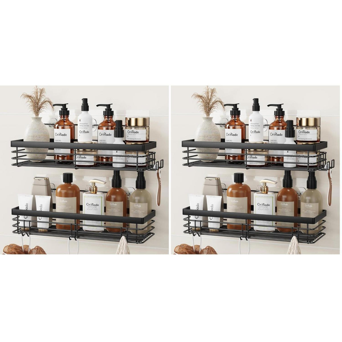 Duschablage ohne Bohren mit 5 Haken - Edelstahl 2er Set Schwarz