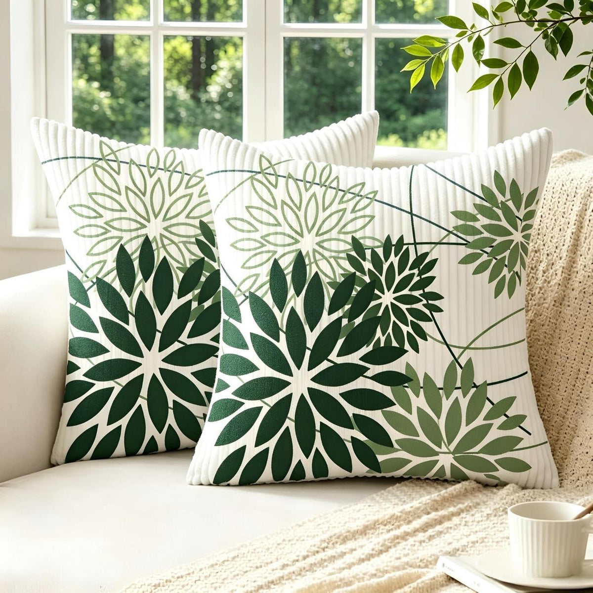 2er Set Kordsamt Kissenbezüge Salbeigrün Blumen 50x50 cm