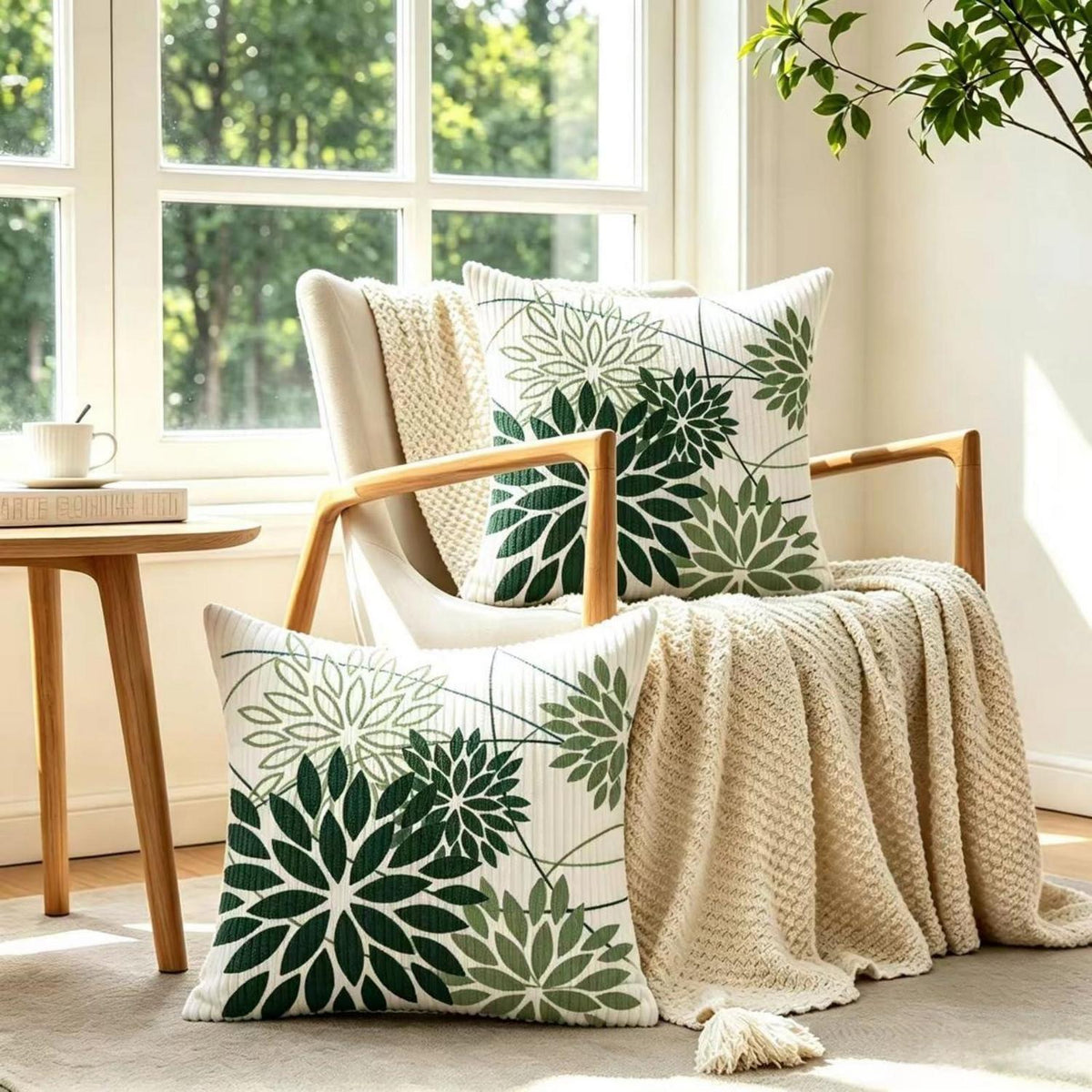 2er Set Kordsamt Kissenbezüge Salbeigrün Blumen 50x50 cm