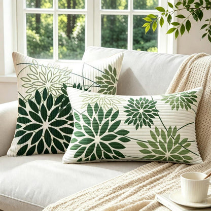 2er Set Kordsamt Kissenbezüge Salbeigrün Blumen 50x50 cm