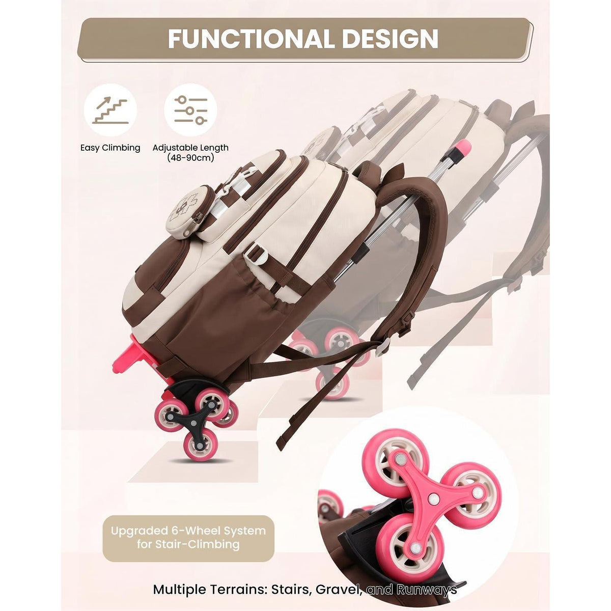 Schultrolley Rucksack Mädchen 3-9 Klasse, Braun, Höhenverstellbar