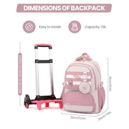 Schultrolley Rucksack Mädchen 3-9 Klasse, Rosa, Abnehmbar & 6 Räder