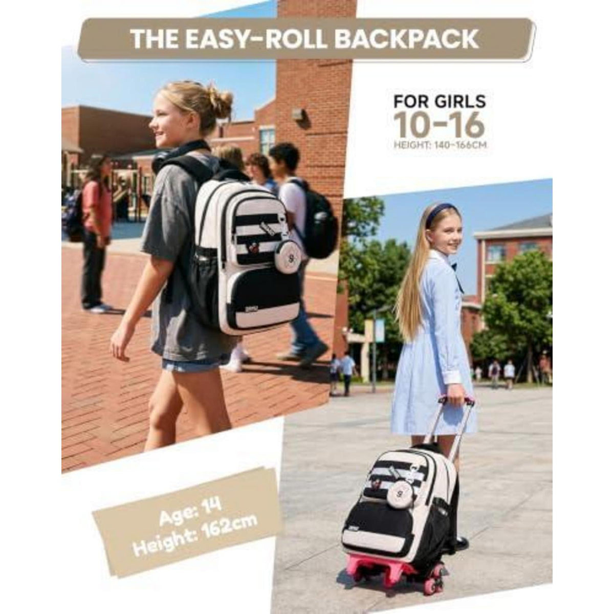 Schultrolley Rucksack Mädchen 3-9 Klasse, Abnehmbar & 6 Räder