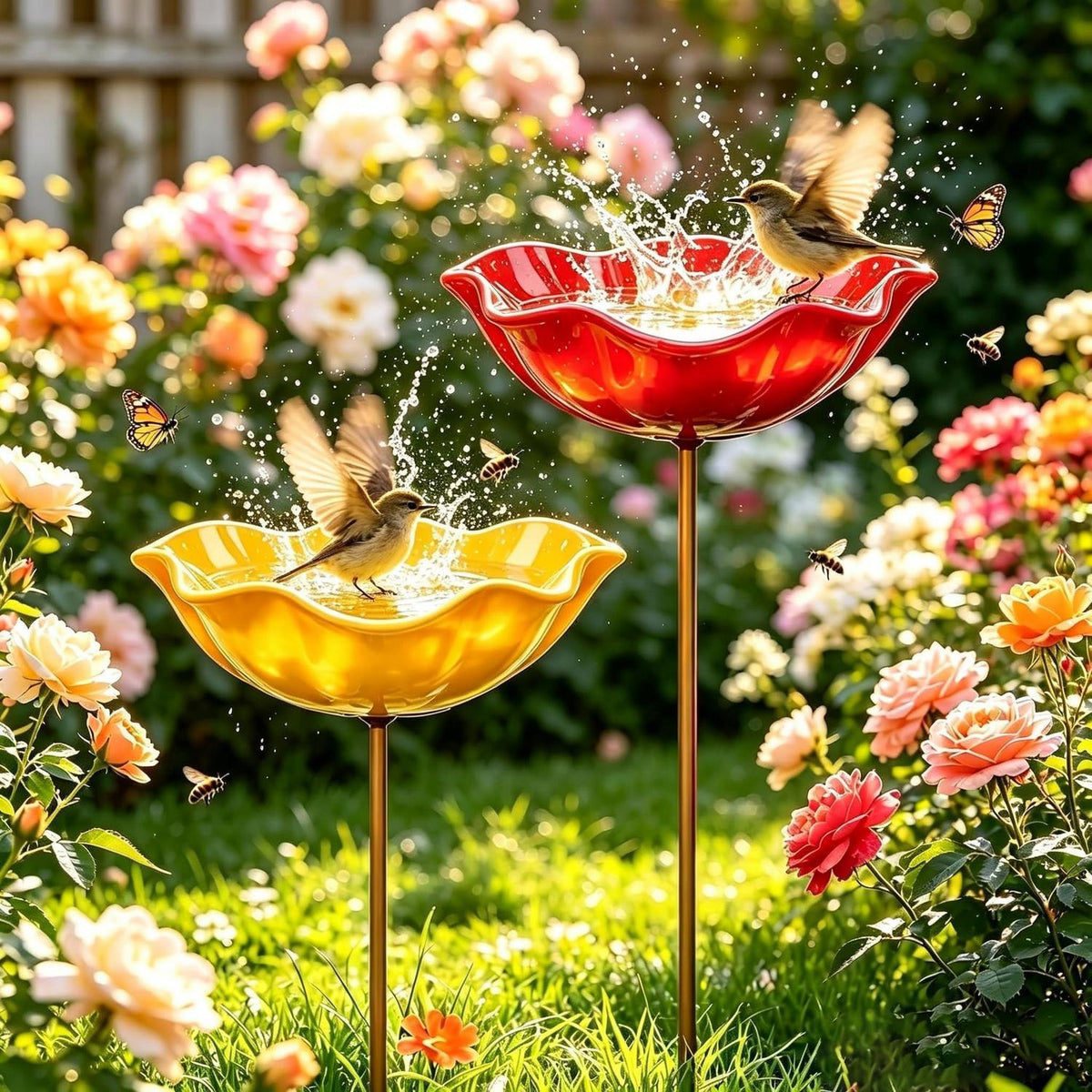 2x Vogeltränke Blume aus Metall – Gartenstecker für Vögel & Insekten