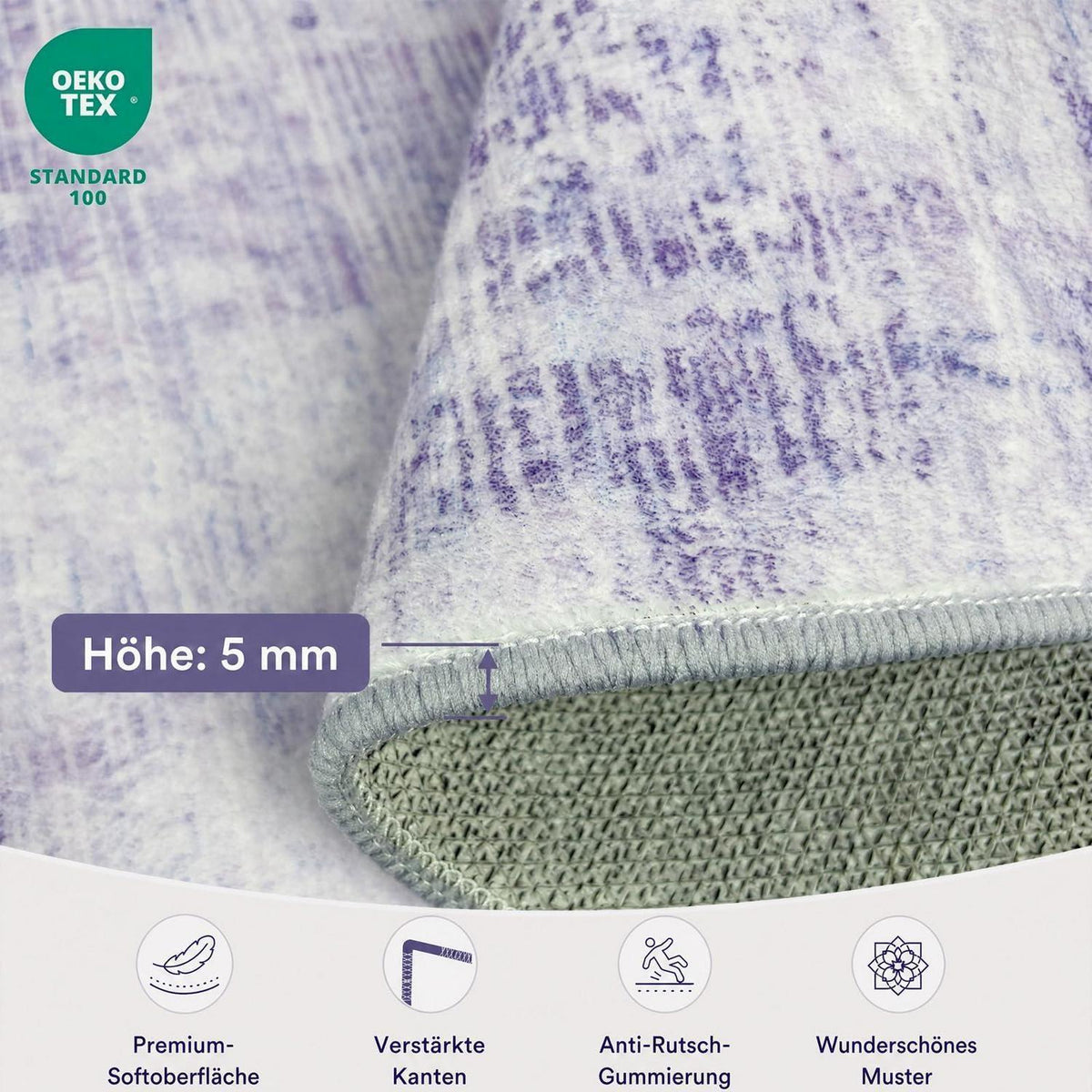 Vintage Teppich Lila 160x230cm – Weicher Kurzflor Teppich Wohnzimmer