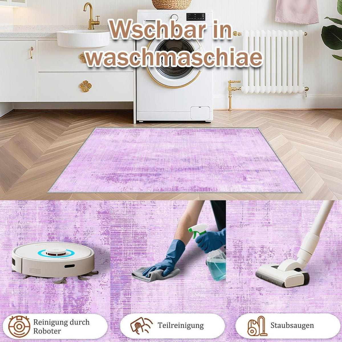 Vintage Teppich Lila 160x230cm – Weicher Kurzflor Teppich Wohnzimmer