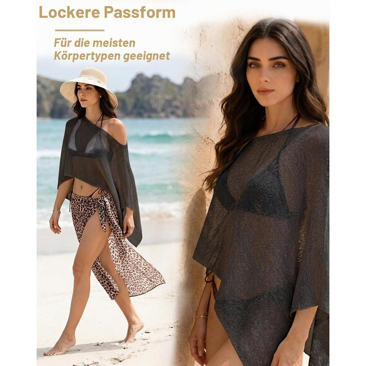 Damen Poncho Netz Schal Off-Shoulder Schwarz