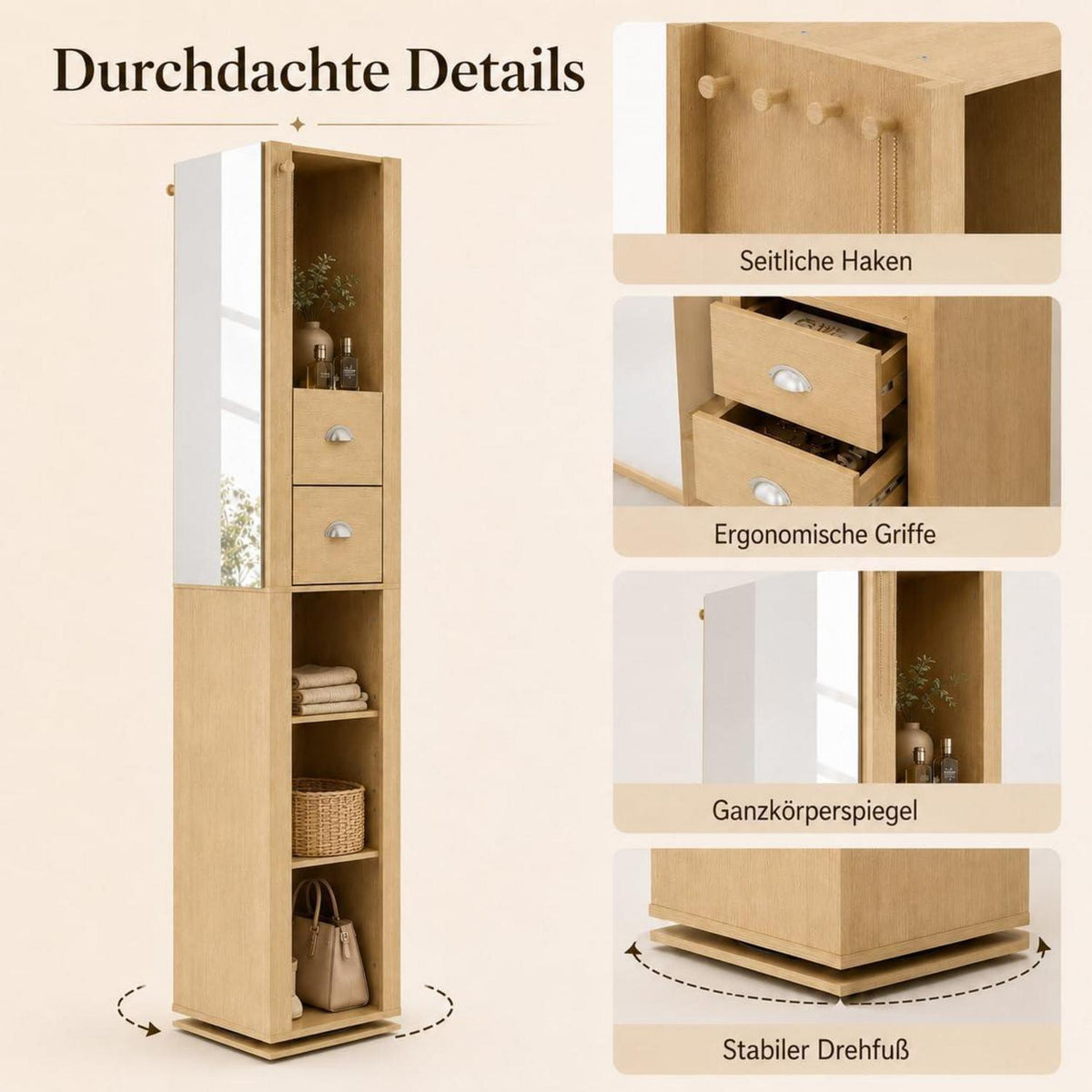 Drehbarer Spiegelschrank mit Stauraum – 360° Hochschrank für Flur