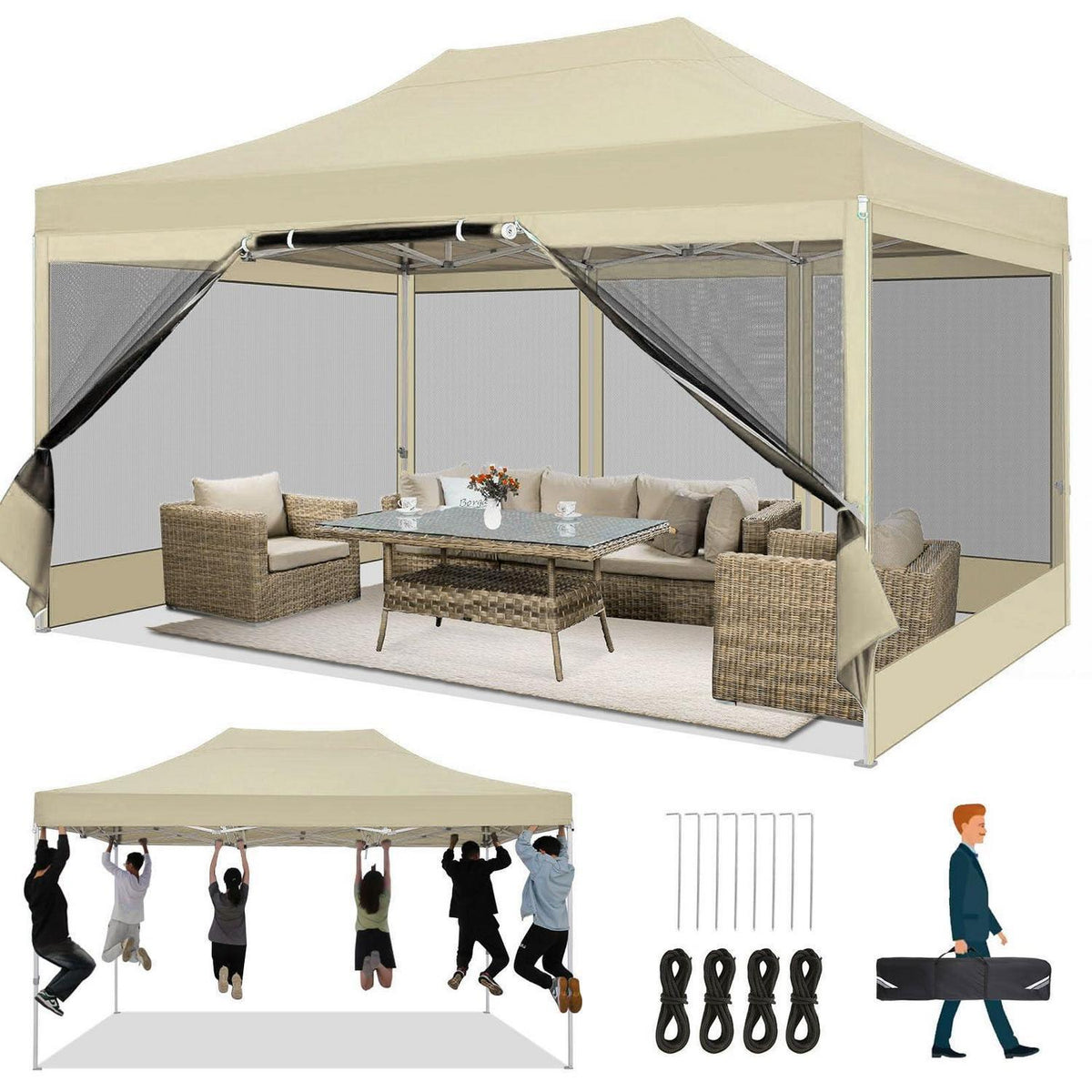 Faltpavillon 3x4,5 Wasserdicht mit Seitenwänden & Moskitonetz