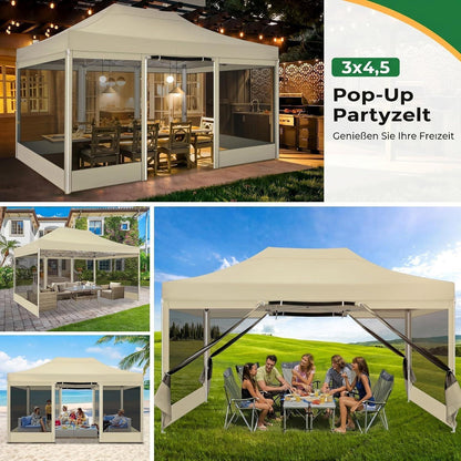 Faltpavillon 3x4,5 Wasserdicht mit Seitenwänden & Moskitonetz
