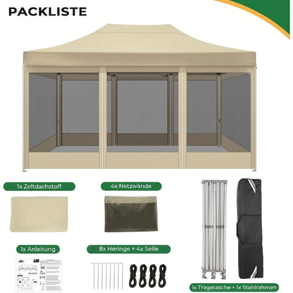Faltpavillon 3x4,5 Wasserdicht mit Seitenwänden & Moskitonetz