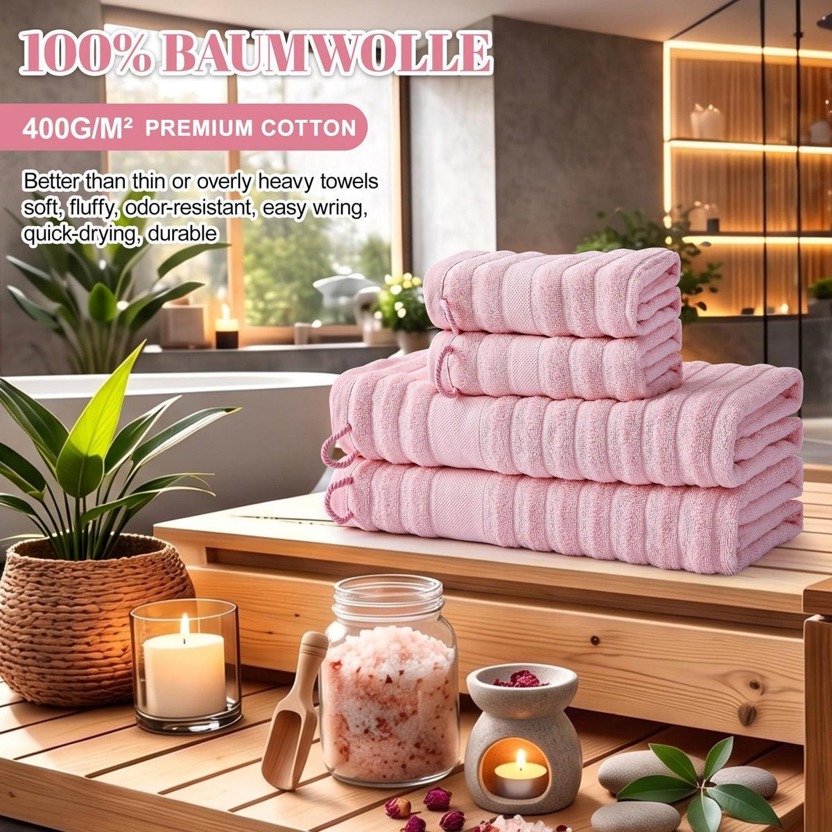 Kobete Handtuchset Rosa, 4-teilig – 100% Baumwolle