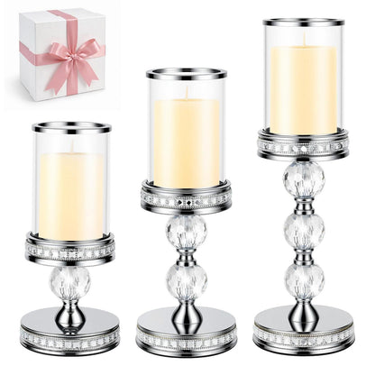 Stumpenkerzenhalter mit Glas, 3er Set, Silber, 25.5/31.5/37.5cm