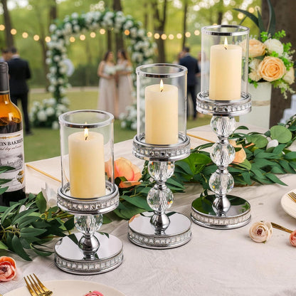 Stumpenkerzenhalter mit Glas, 3er Set, Silber, 25.5/31.5/37.5cm
