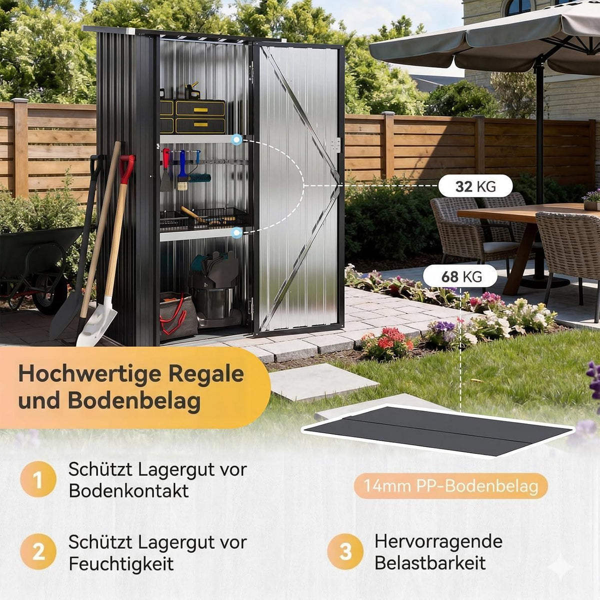 Kompaktes Gerätehaus mit 2 Regalböden – 3x2 ft, Schwarz