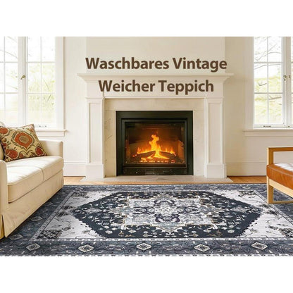 Vintage Teppich Schwarz Rechteckig 160x220cm Waschbar Wohnzimmer