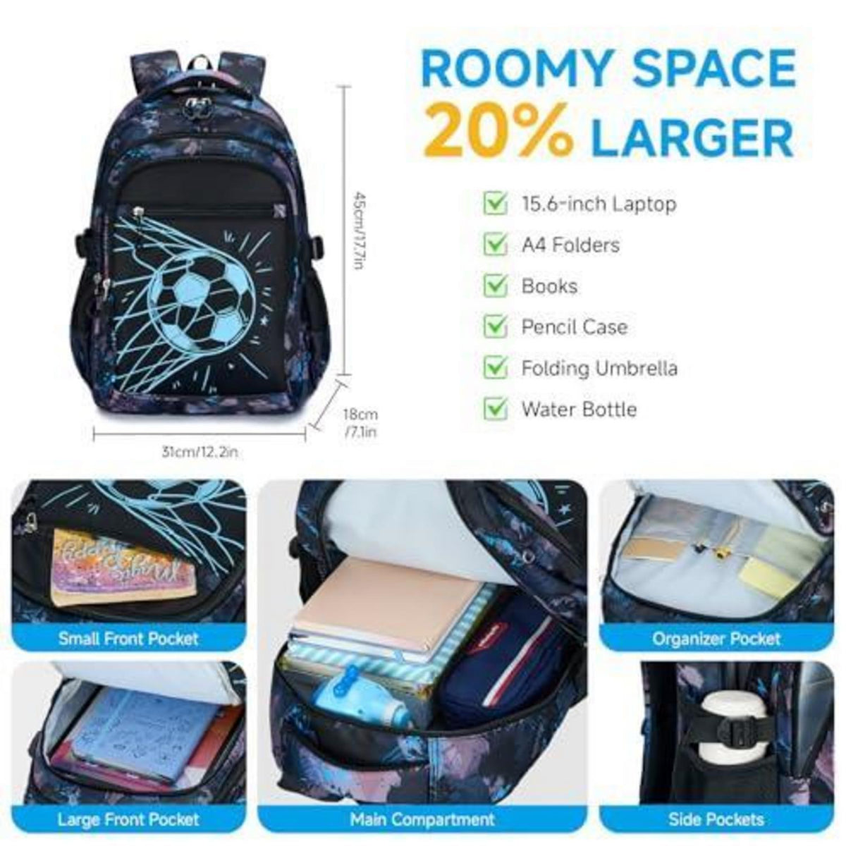 Schulrucksack Jungen 3. Klasse – Schwarz Türkis Fußball Set
