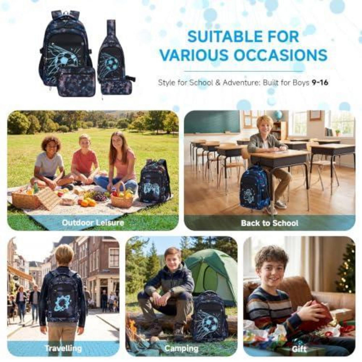 Schulrucksack Jungen 3. Klasse – Schwarz Türkis Fußball Set