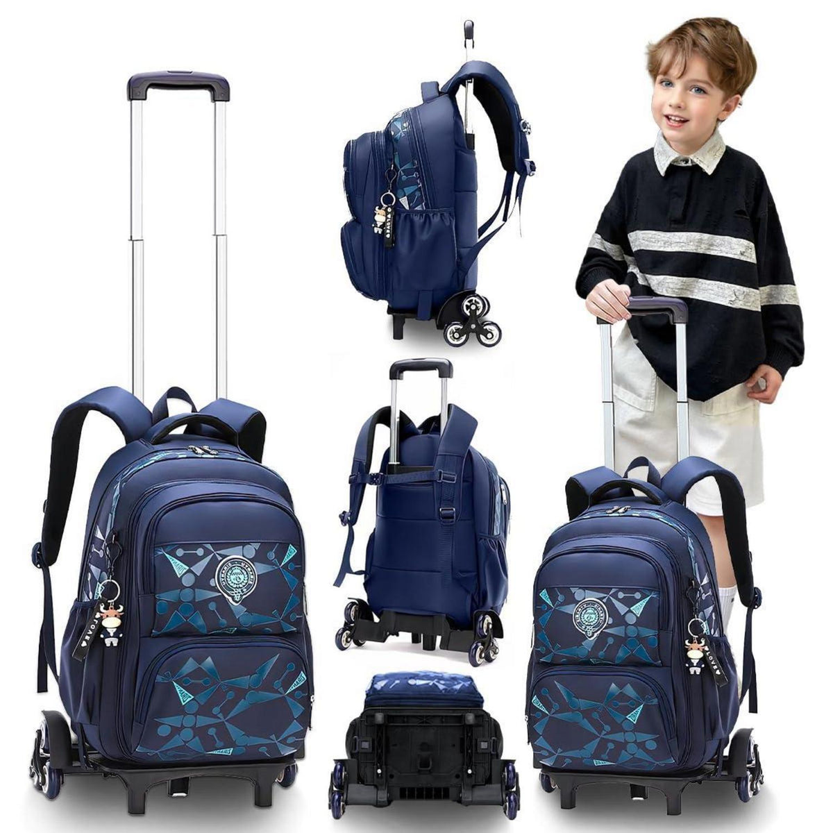 Rucksack mit Rollen für Kinder – Schultasche mit Trolley, Schwarz