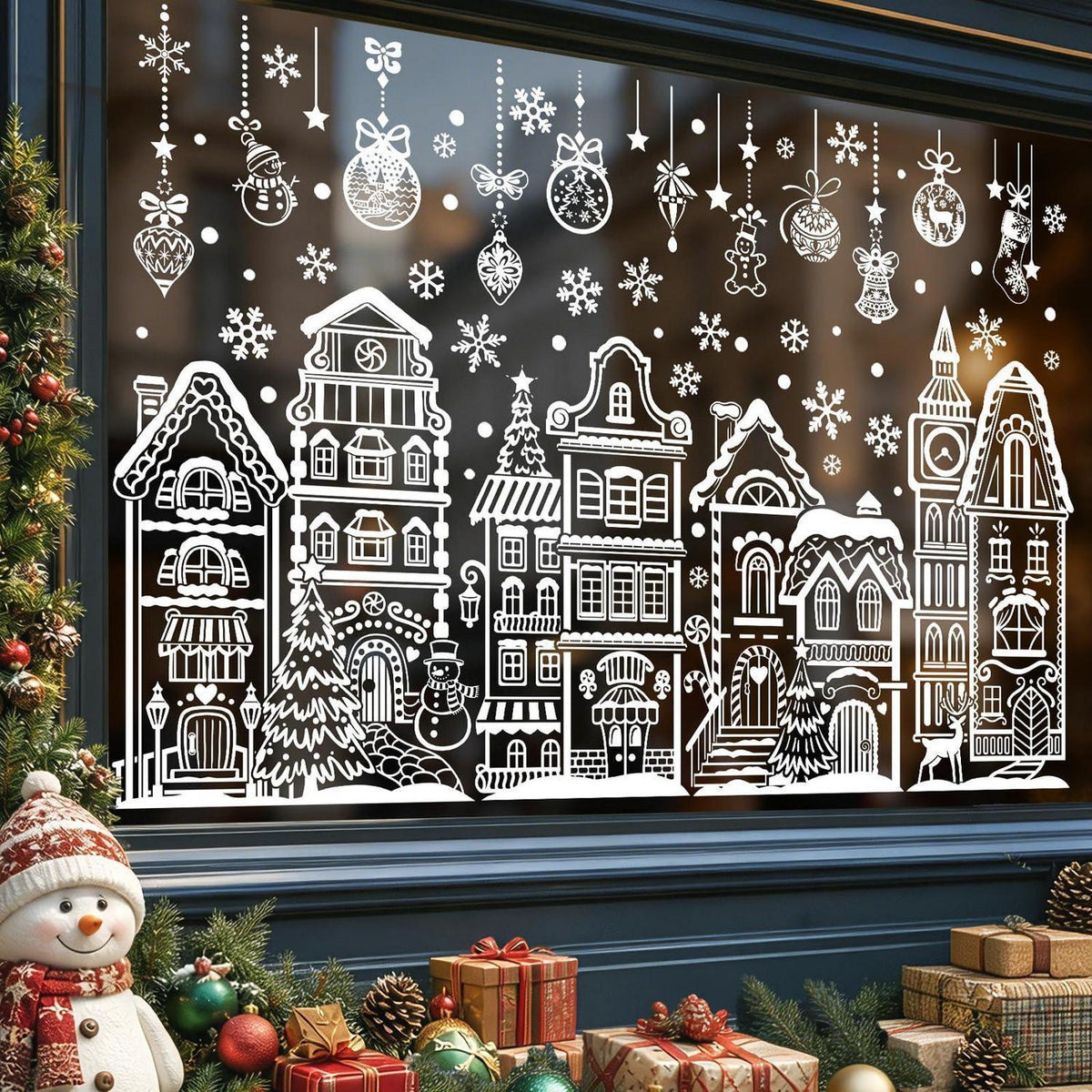 Fenstersticker Weihnachten Häuser Schneeflocken weiß wiederverwendbar