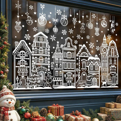 Fenstersticker Weihnachten Häuser Schneeflocken weiß wiederverwendbar