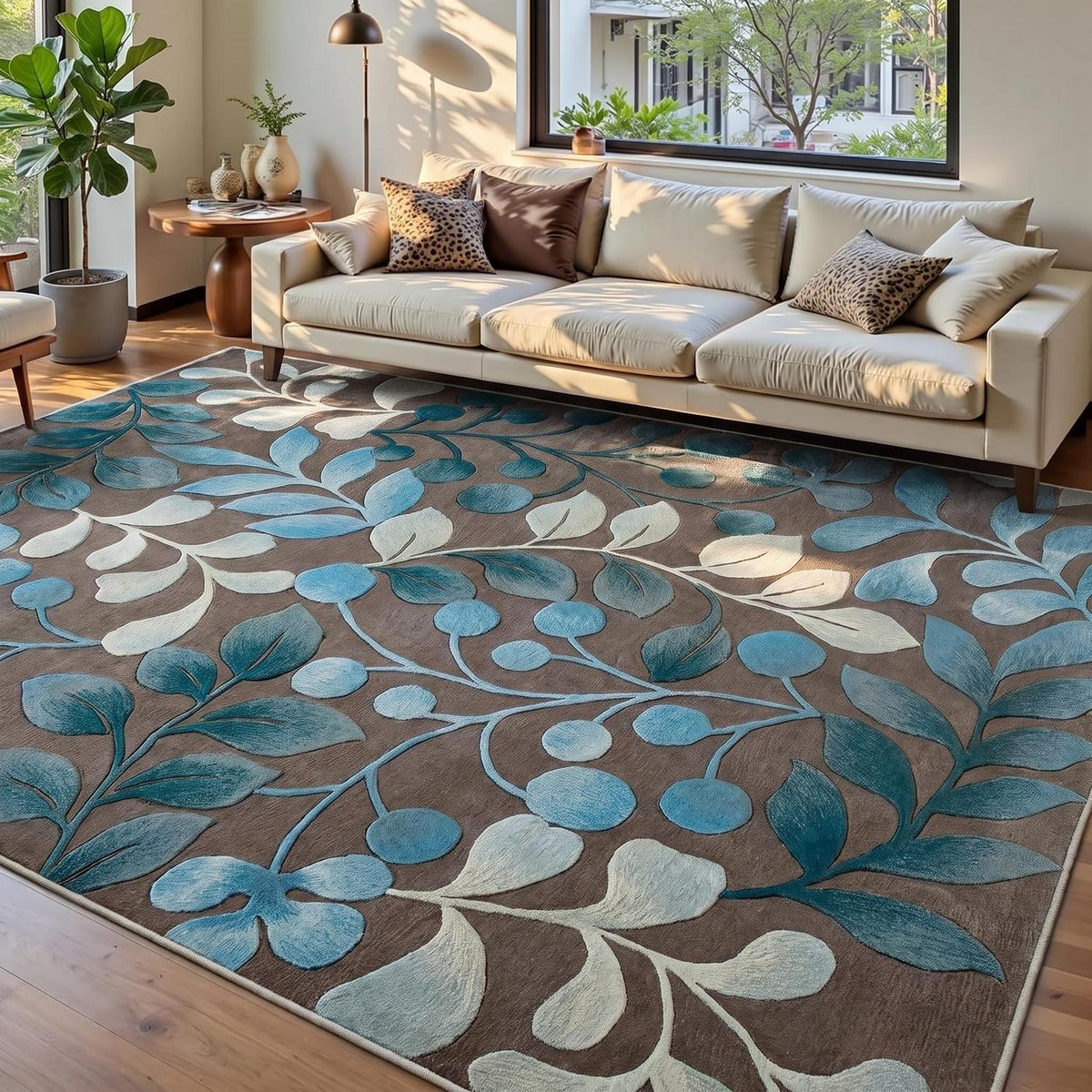 Waschbarer Kurzflor Teppich Braun-Blau 200x300 cm – Rutschhemmend & Weich