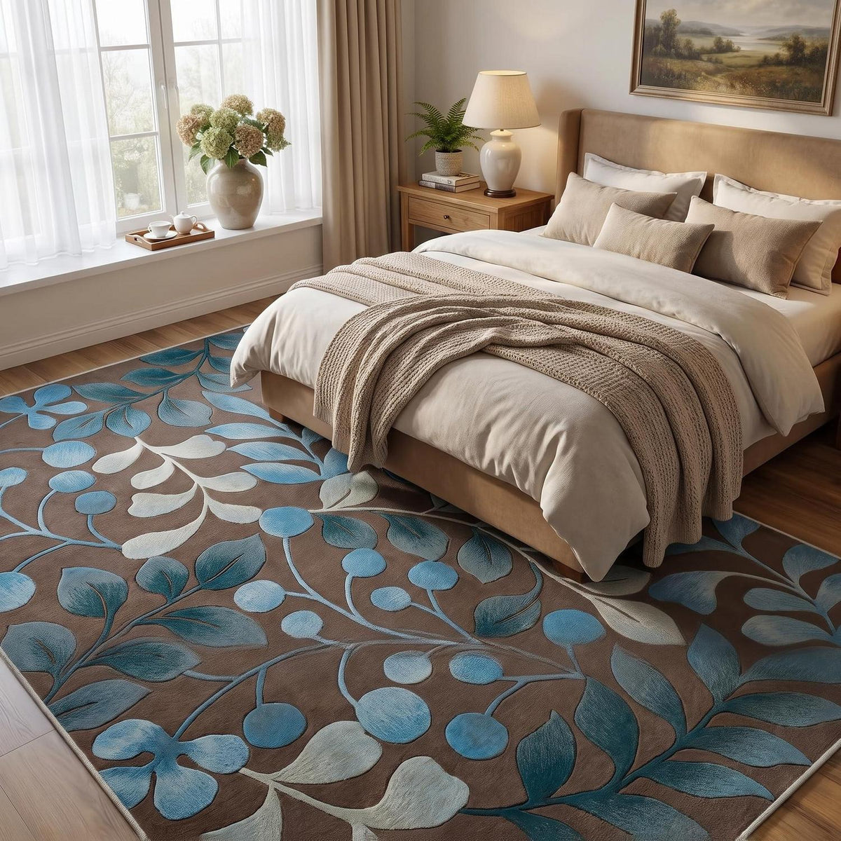 Waschbarer Kurzflor Teppich Braun-Blau 200x300 cm – Rutschhemmend & Weich