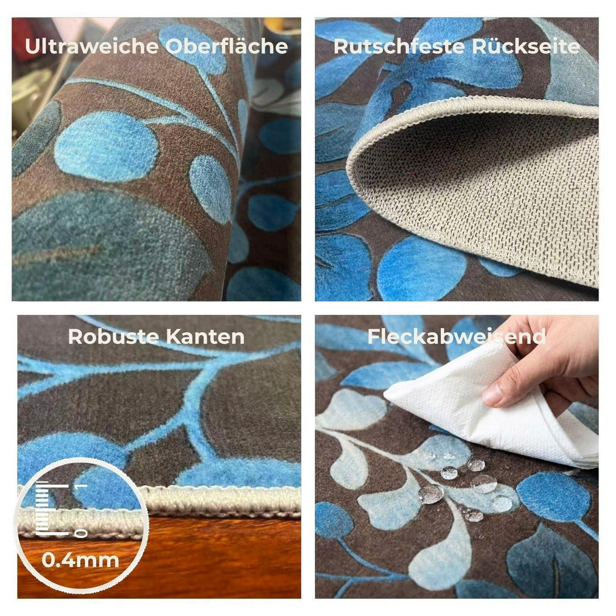 Waschbarer Kurzflor Teppich Braun-Blau 200x300 cm – Rutschhemmend & Weich