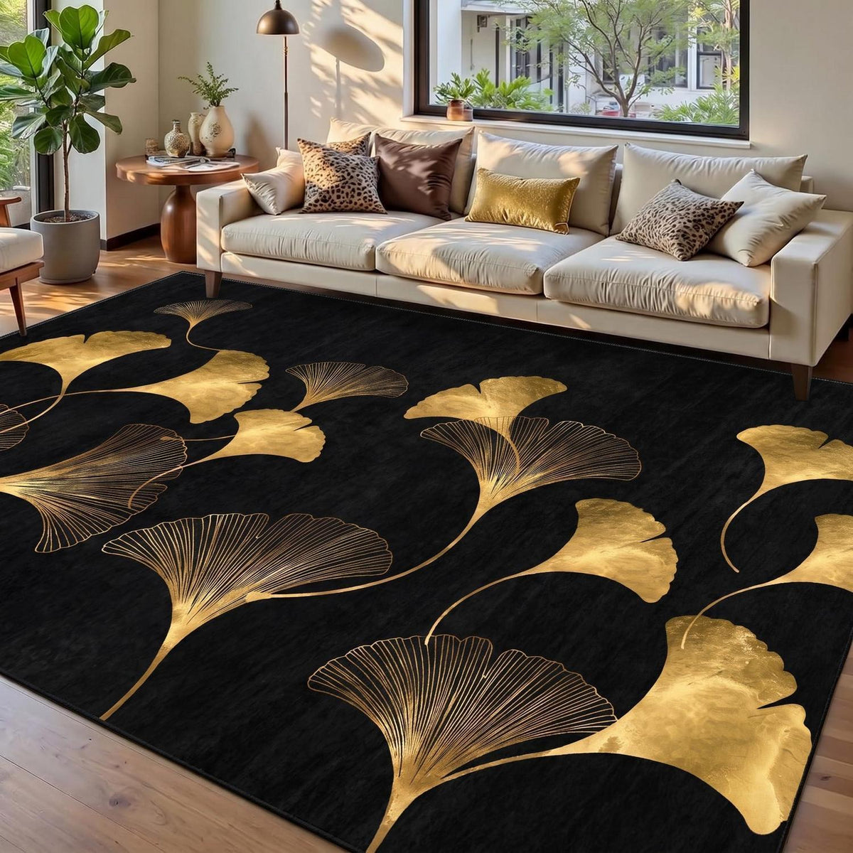 Waschbarer Teppich Schwarz-Gold 200x300 cm – Ginkgo Kurzflor Wohnteppich