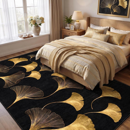 Waschbarer Teppich Schwarz-Gold 200x300 cm – Ginkgo Kurzflor Wohnteppich