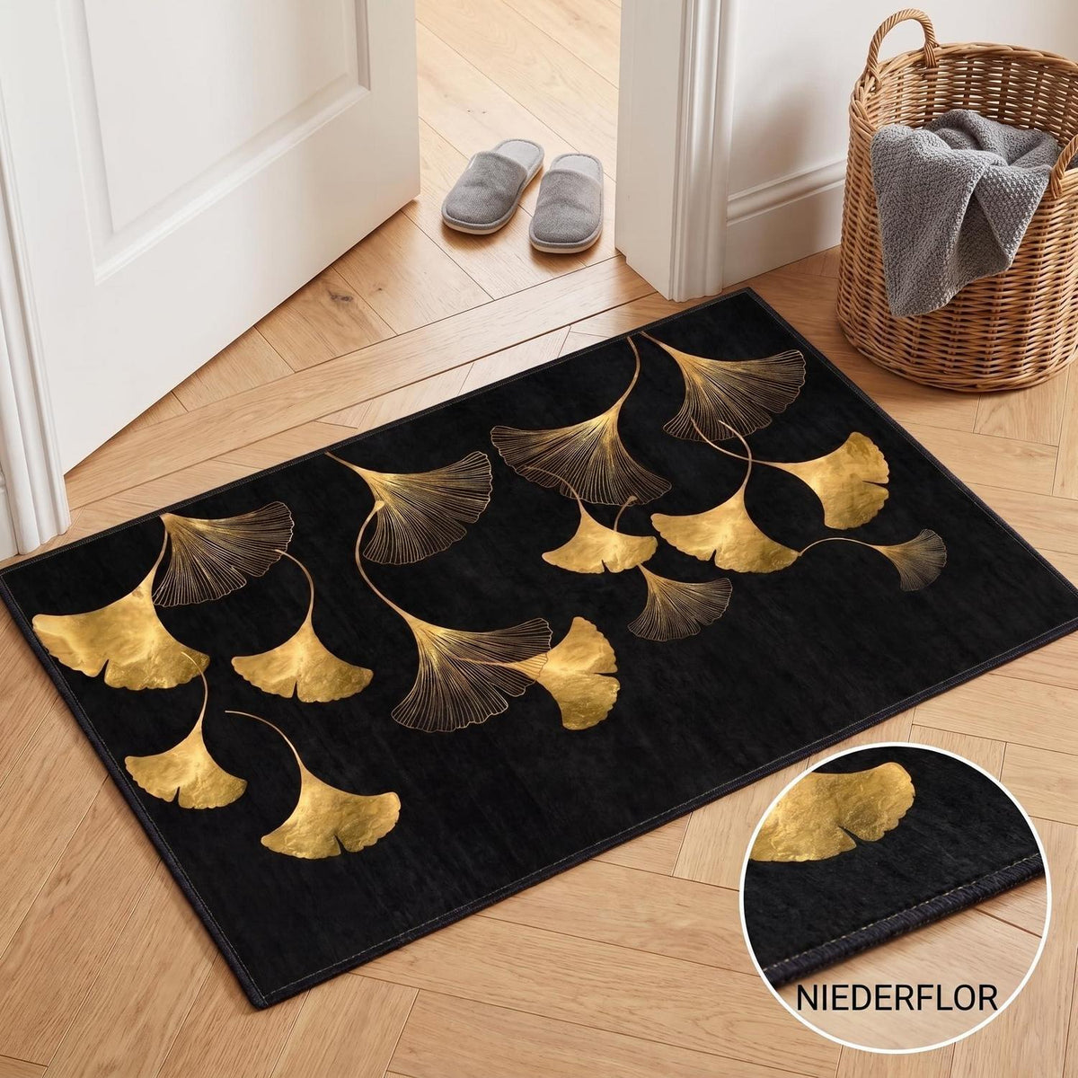 Waschbarer Teppich Schwarz-Gold 200x300 cm – Ginkgo Kurzflor Wohnteppich