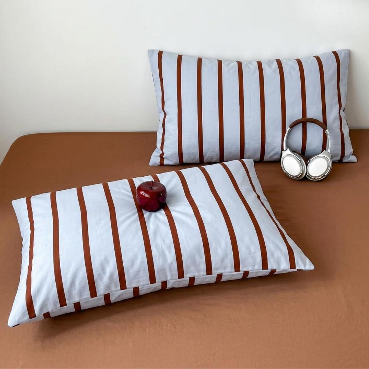 Bettwäsche Set 200x200 Blau Braun Gestreift | Mikrofaser & Reißverschluss