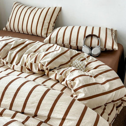 Vintage Bettwäsche-Set 220x240 Beige Braun Gestreift 3-teilig